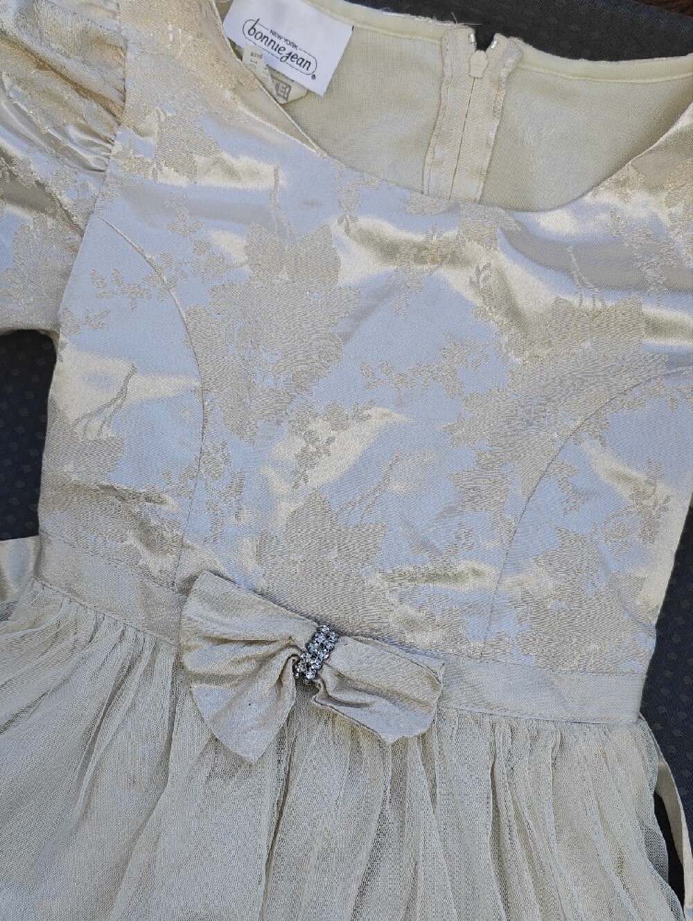 Bonnie Jean Cream and Gold Girls' Dress with Decorative Bow